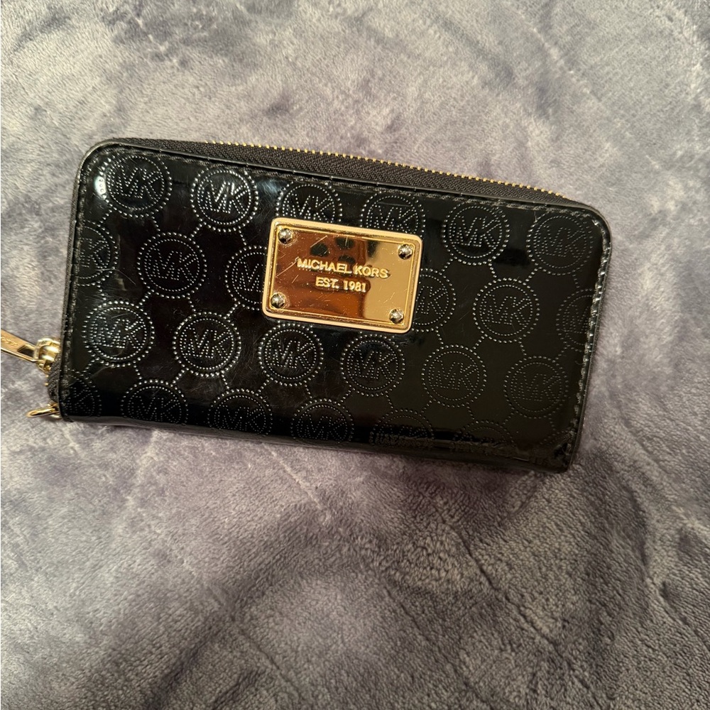 Michael Kors Glossy Black Wallet with Gold Logo